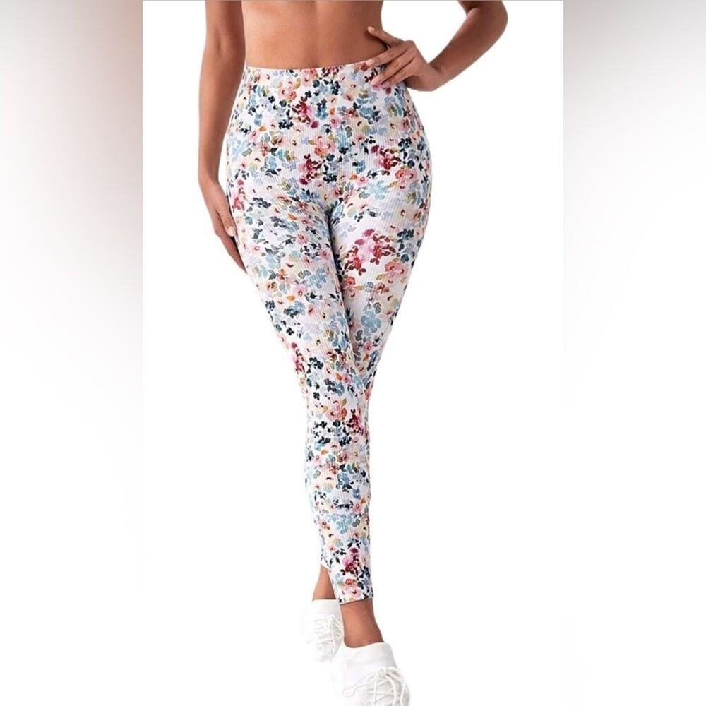 Yoga Floral Print Wideband Sports Leggings Size L Trendy (385)